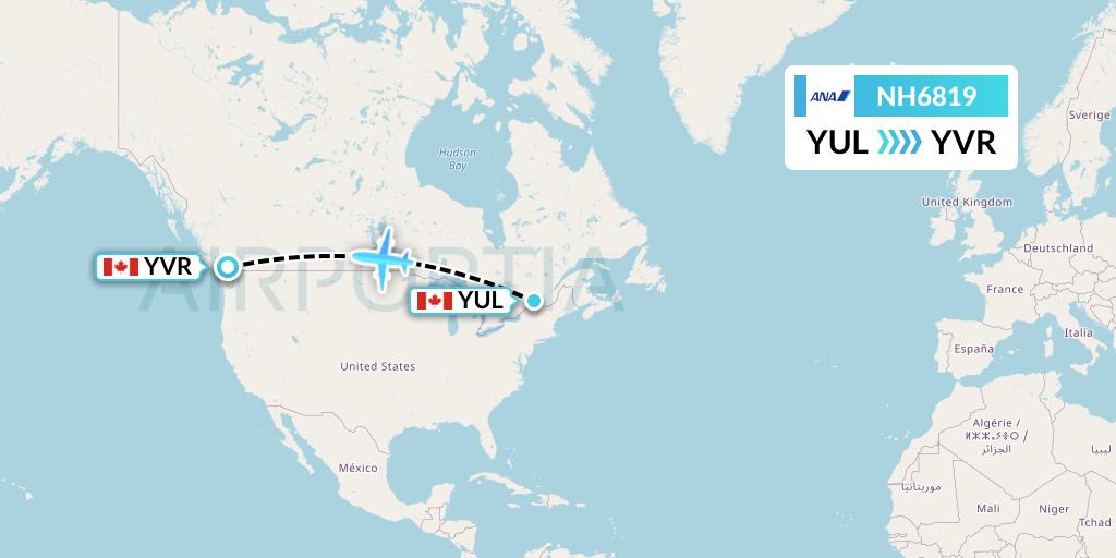 NH6819 All Nippon Airways Flight Map: Montreal to Vancouver
