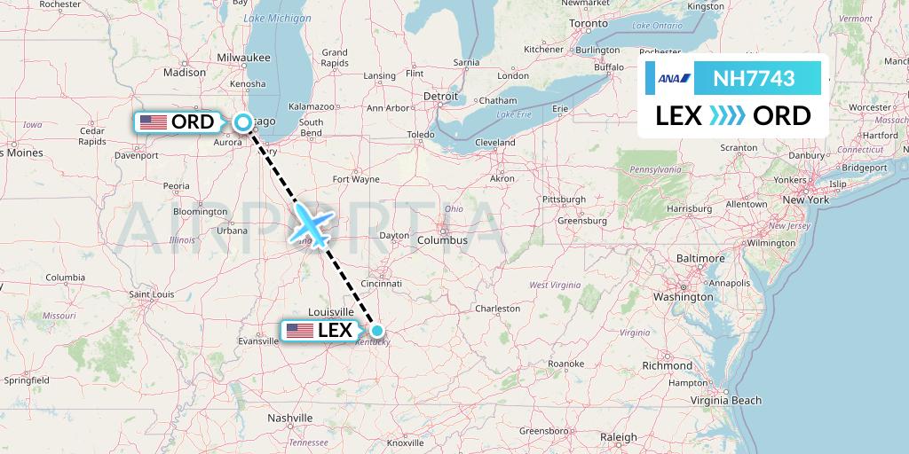 NH7743 All Nippon Airways Flight Map: Lexington to Chicago