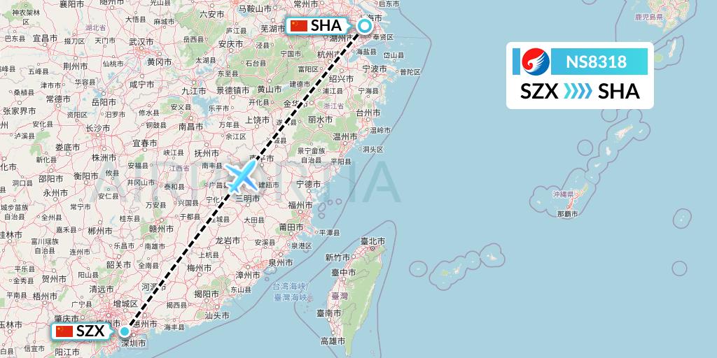 NS8318 Hebei Airlines Flight Map: Shenzhen to Shanghai