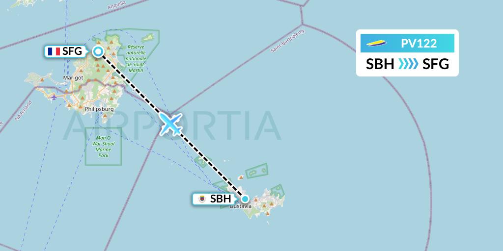 PV122 St. Barth Commuter Flight Map: St. Jean to Sint Maarten