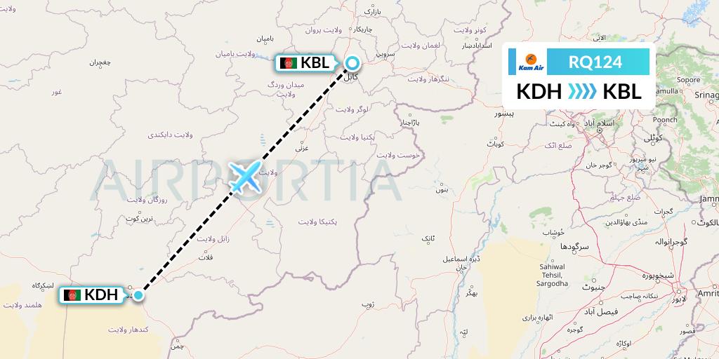 RQ124 Kam Air Flight Map: Kandahar to Kabul