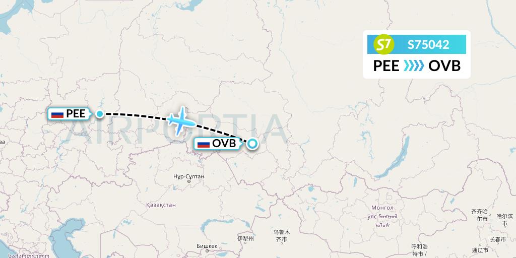 S75042 S7 Airlines Flight Map: Perm to Novosibirsk