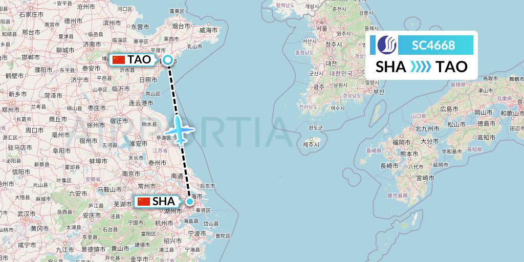 SC4668 Shandong Airlines Flight Map: Shanghai to Qingdao