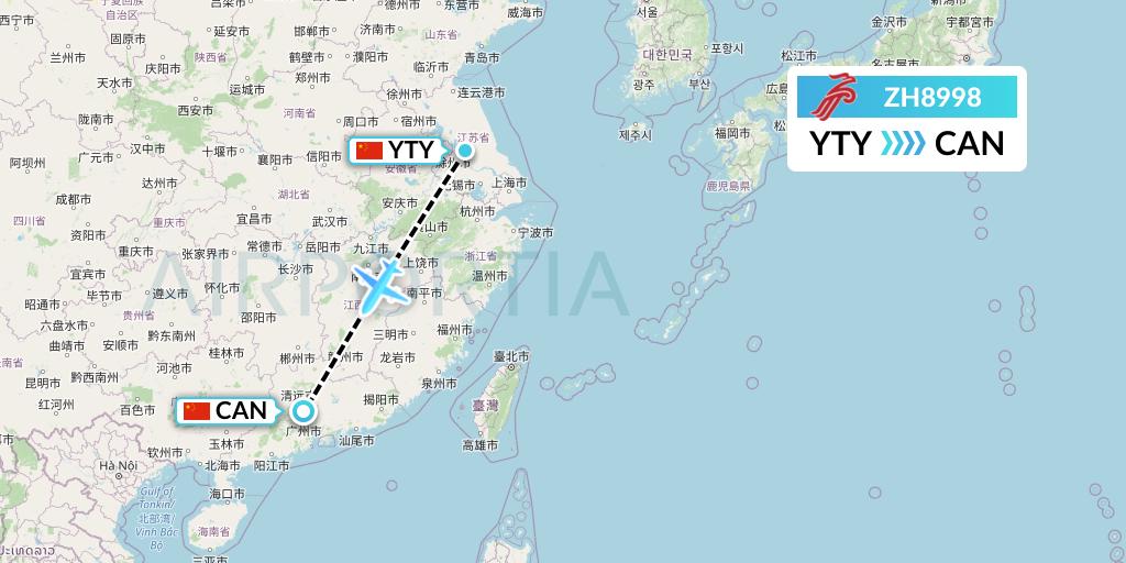 ZH8998 Shenzhen Airlines Flight Map: Yangzhou to Guangzhou