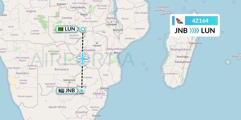 4Z164 Airlink Flight Map: Johannesburg to Lusaka