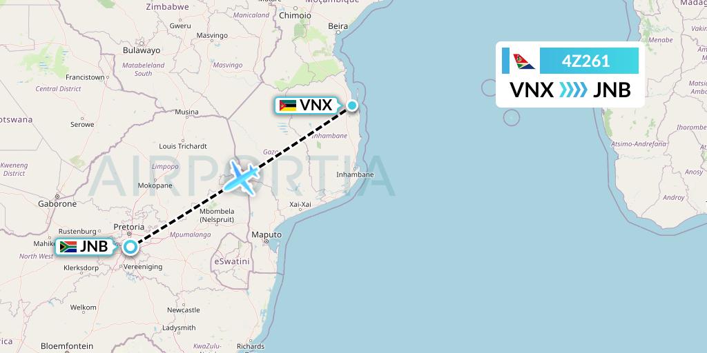 4Z261 Airlink Flight Map: Vilankulo to Johannesburg