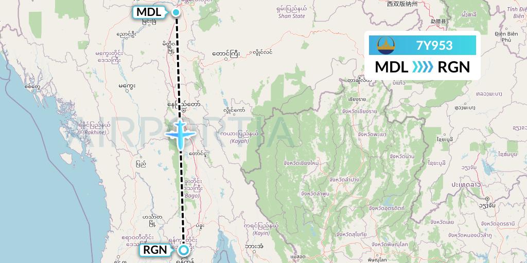 7Y953 Mann Yadanarpon Airlines Flight Map: Mandalay to Yangon