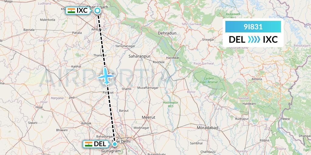 9I831 Air India Regional Flight Map: Delhi to Chandigarh