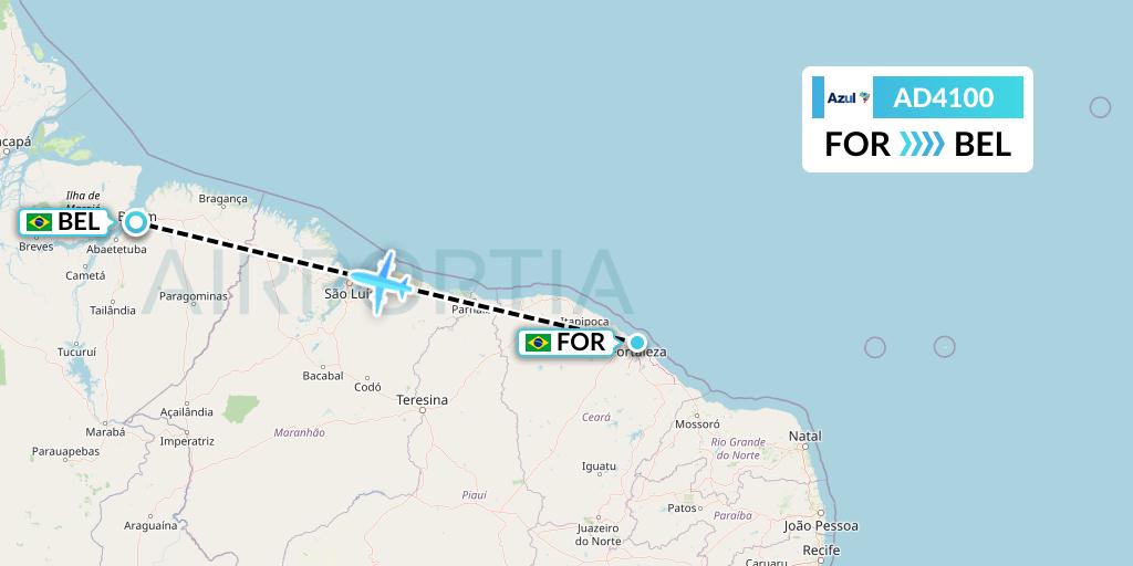 AD4100 Azul Brazilian Airlines Flight Map: Fortaleza to Belem