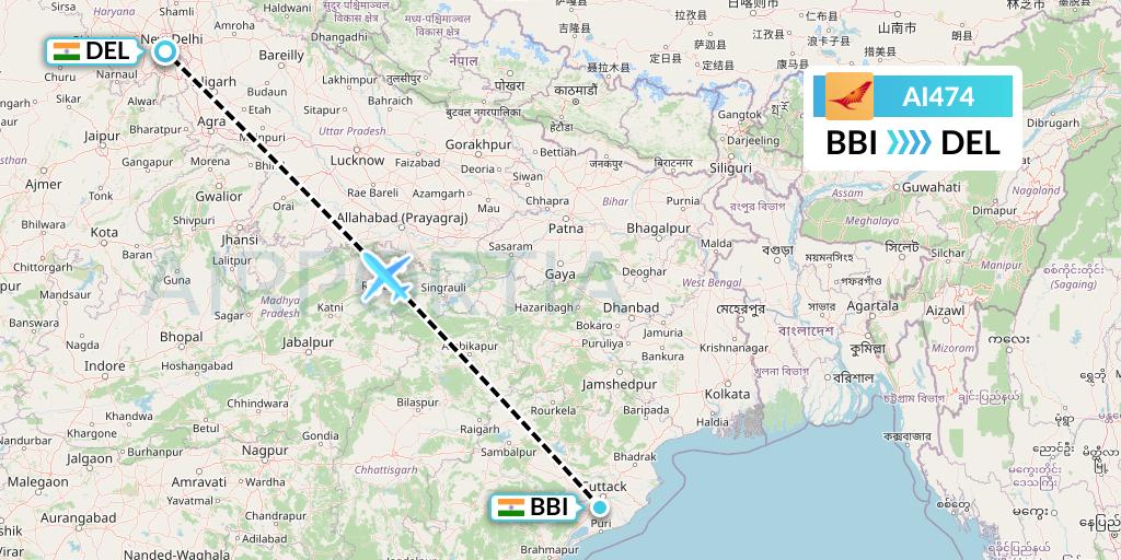 AI474 Air India Flight Map: Bhubaneswar to Delhi