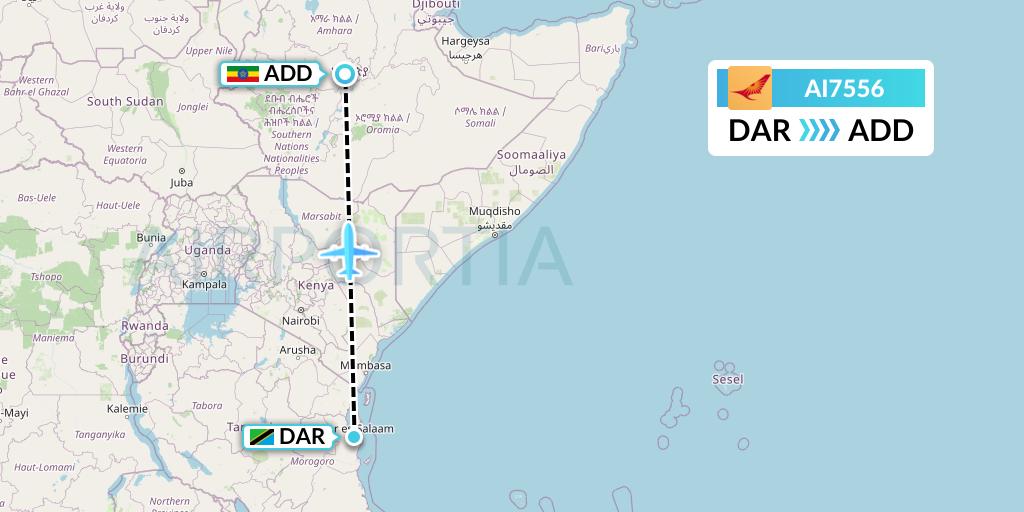 AI7556 Air India Flight Map: Dar-es-Salaam to Addis Ababa