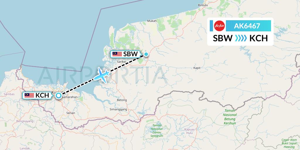 AK6467 AirAsia Flight Map: Sibu to Kuching