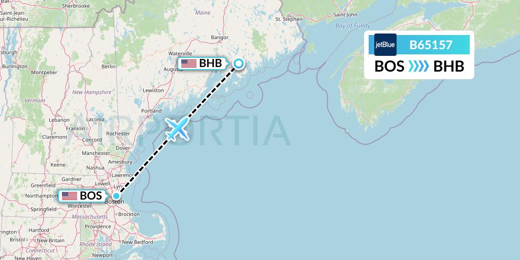 B65157 JetBlue Airways Flight Map: Boston to Bar Harbor