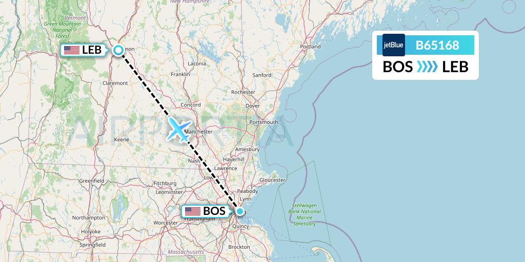 B65168 JetBlue Airways Flight Map: Boston to Lebanon