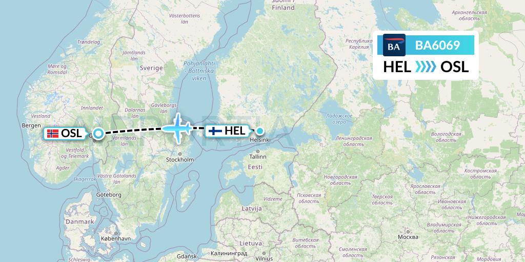 BA6069 British Airways Flight Map: Helsinki to Oslo