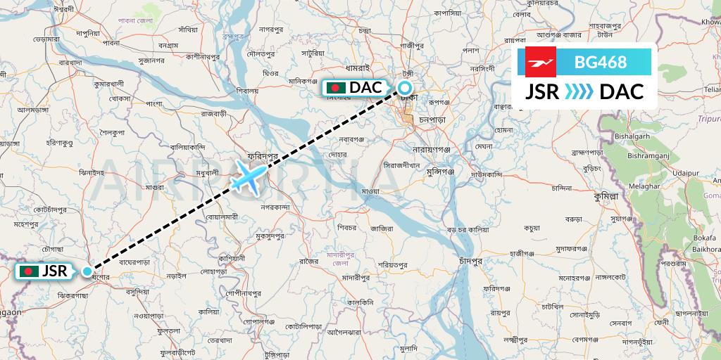 BG468 Biman Bangladesh Airlines Flight Map: Jessore to Dhaka