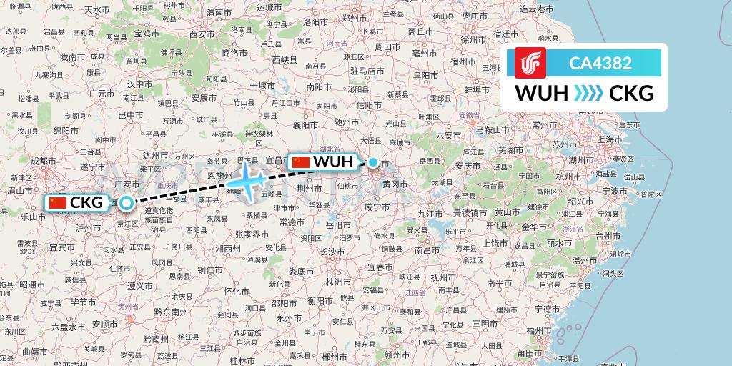 CA4382 Air China Flight Map: Wuhan to Chongqing