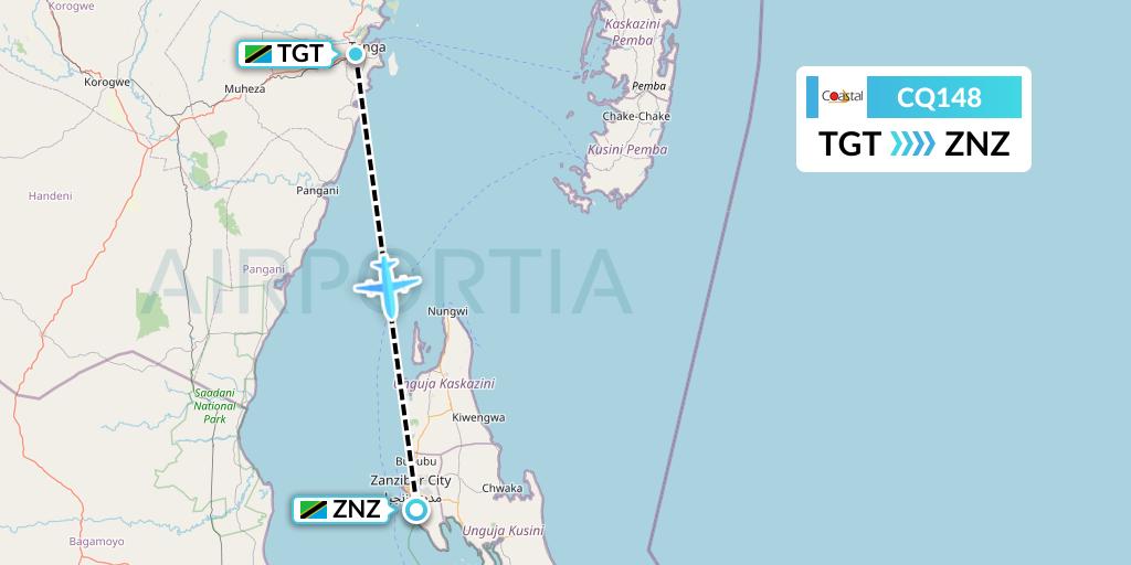 CQ148 Coastal Aviation Flight Map: Tanga to Zanzibar