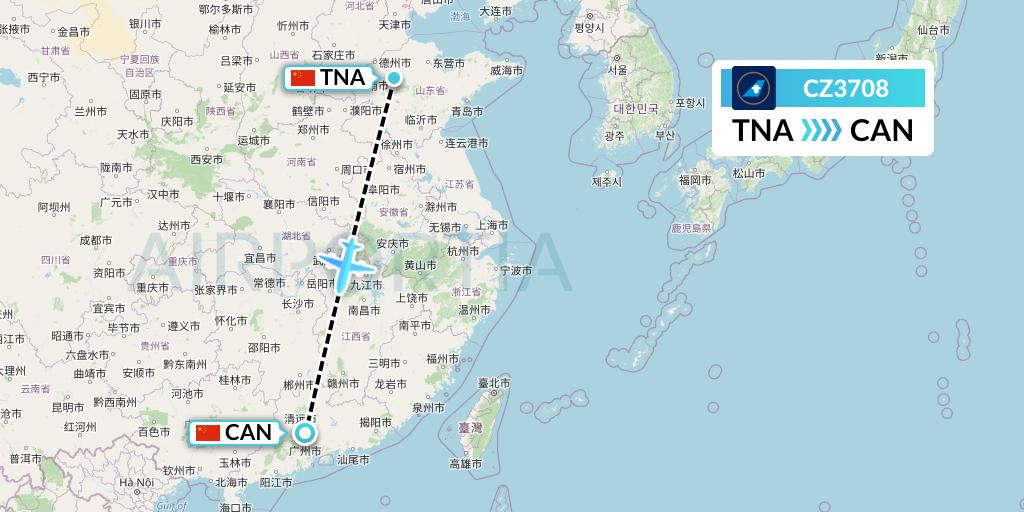CZ3708 China Southern Airlines Flight Map: Jinan to Guangzhou