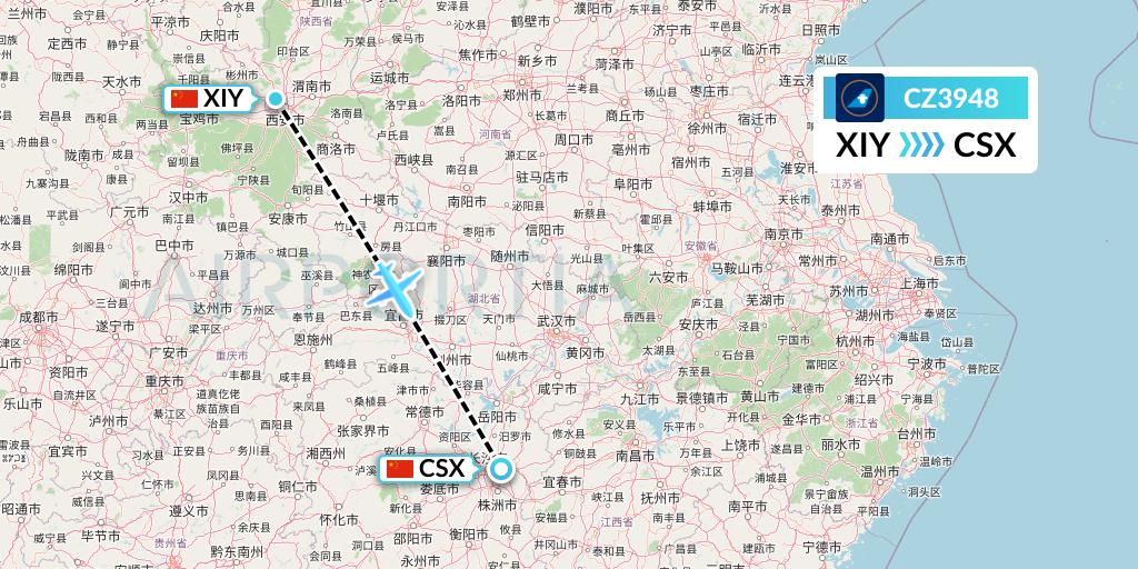 CZ3948 China Southern Airlines Flight Map: Xi'an to Changsha