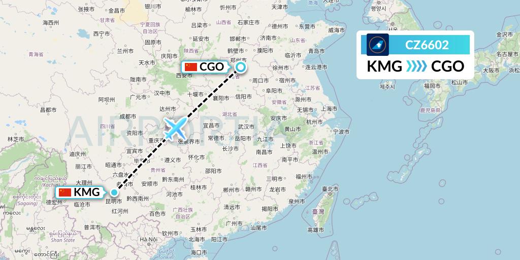 CZ6602 China Southern Airlines Flight Map: Kunming to Zhengzhou