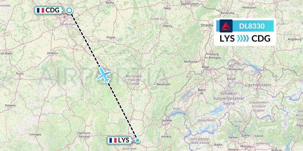DL8330 Delta Air Lines Flight Map: Lyon to Paris