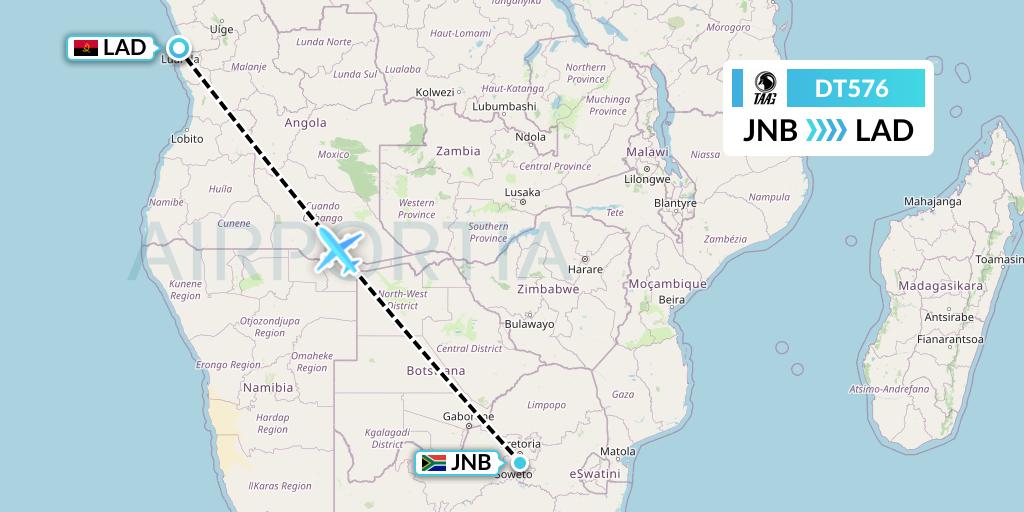 DT576 TAAG Angola Airlines Flight Map: Johannesburg to Luanda