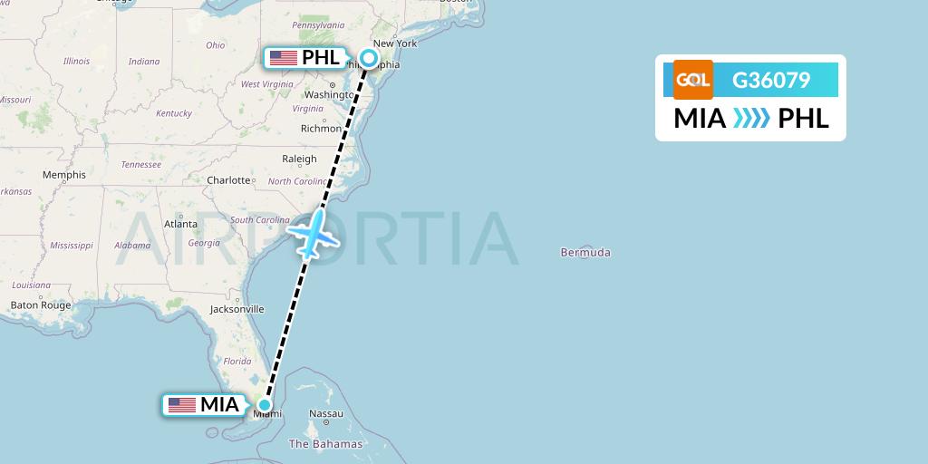 G36079 GOL Transportes Aeros Flight Map: Miami to Philadelphia