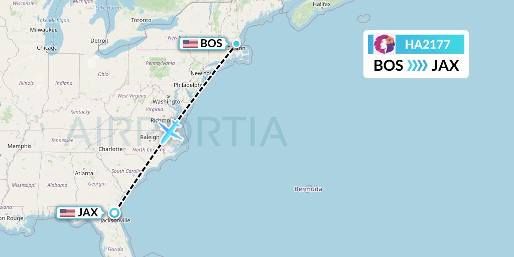 HA2177 Hawaiian Airlines Flight Map: Boston to Jacksonville