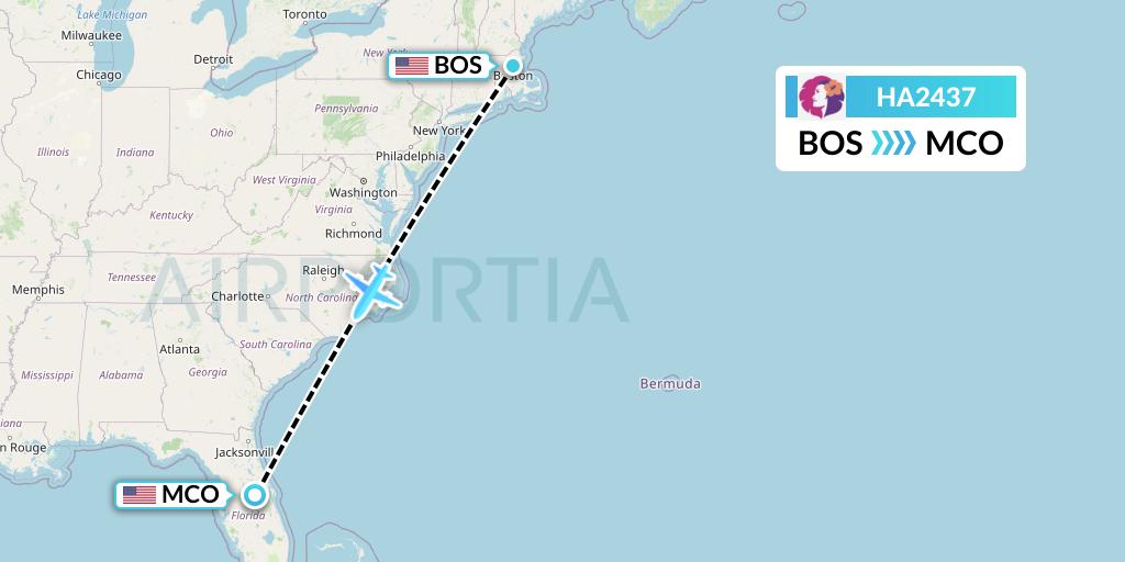 HA2437 Hawaiian Airlines Flight Map: Boston to Orlando