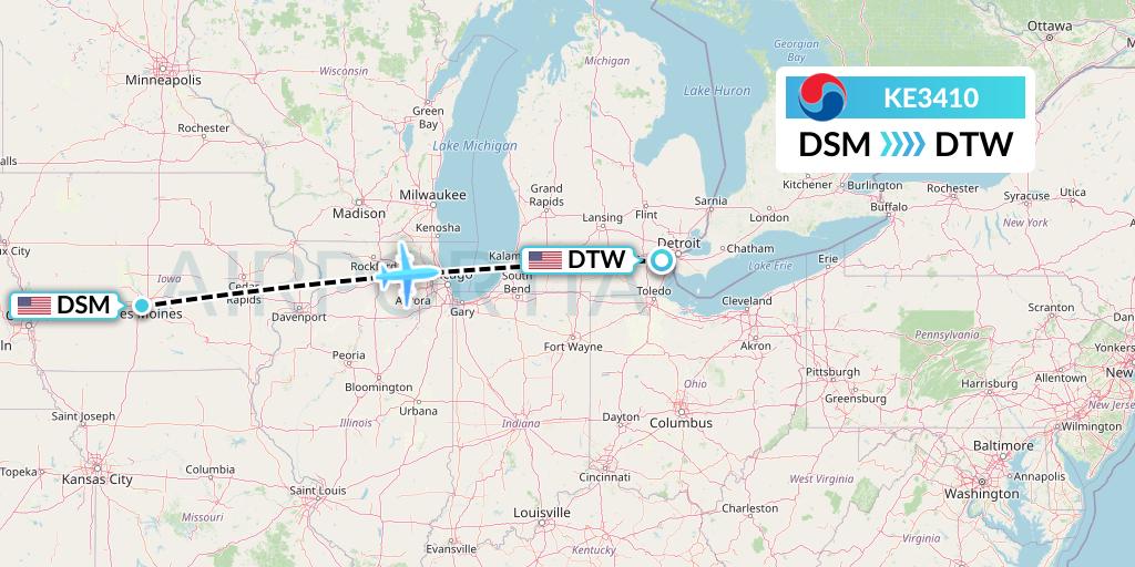 KE3410 Korean Air Flight Map: Des Moines to Detroit
