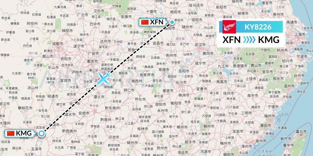 KY8226 Kunming Airlines Flight Map: Xiangyang to Kunming