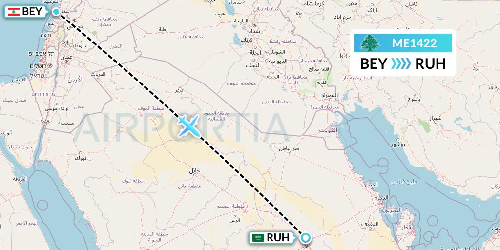 ME1422 MEA Flight Map: Beirut to Riyadh
