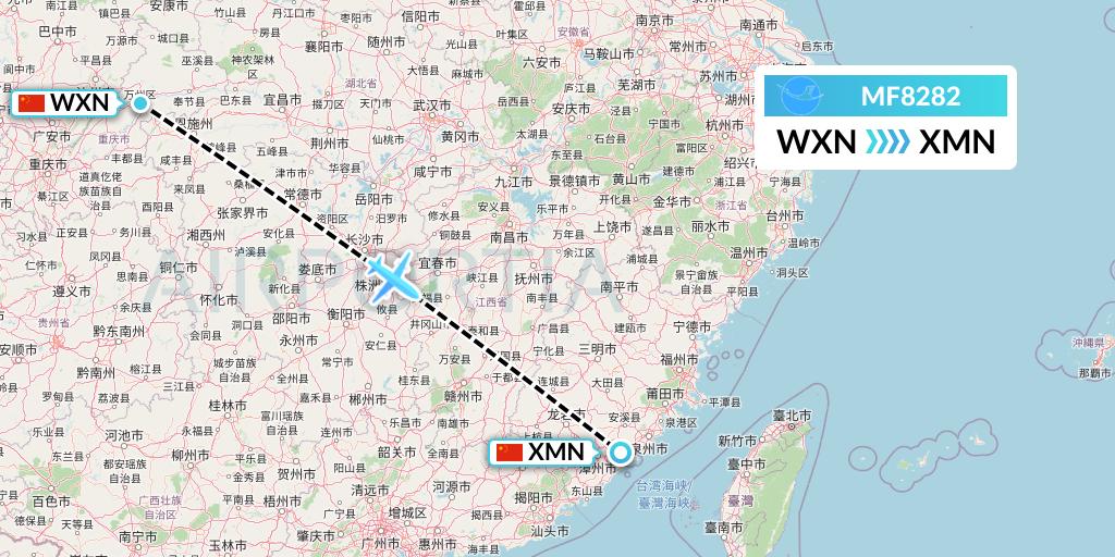 MF8282 Xiamen Airlines Flight Map: Wanzhou to Xiamen
