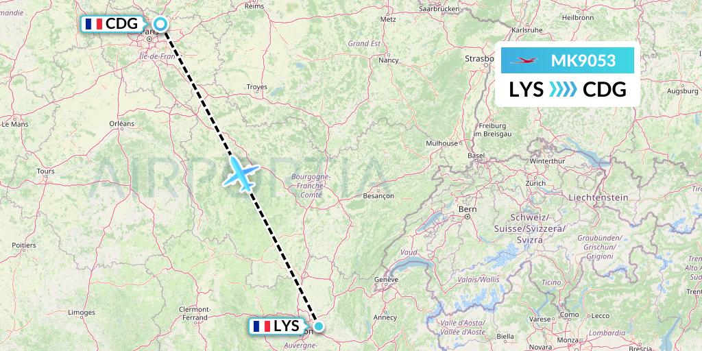 MK9053 Air Mauritius Flight Map: Lyon to Paris
