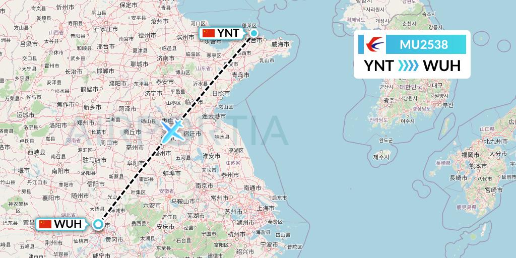 MU2538 China Eastern Airlines Flight Map: Yantai to Wuhan