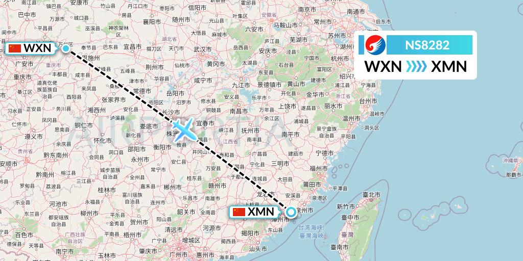 NS8282 Hebei Airlines Flight Map: Wanzhou to Xiamen