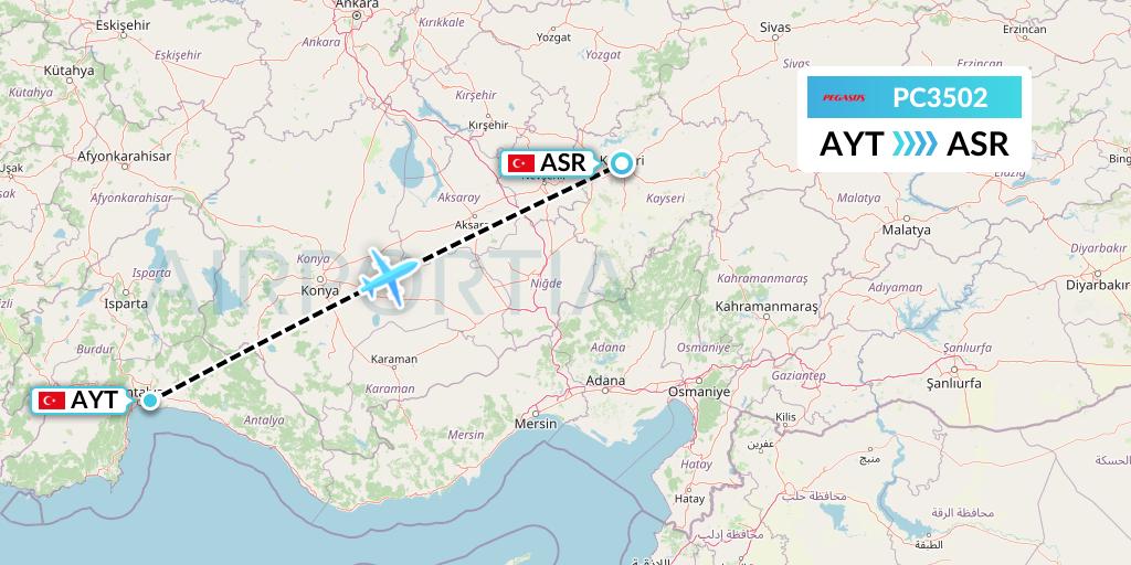 PC3502 Pegasus Airlines Flight Map: Antalya to Kayseri