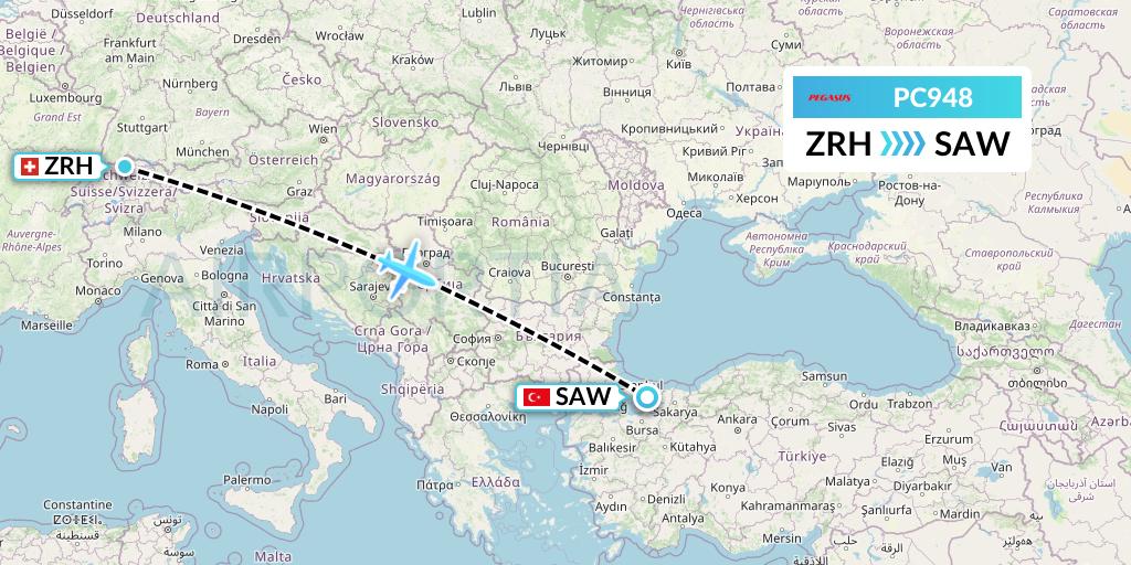 PC948 Pegasus Airlines Flight Map: Zurich to Istanbul