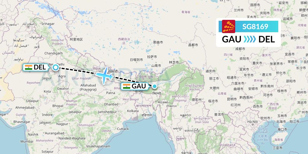 SG8169 SpiceJet Flight Map: Guwahati to Delhi