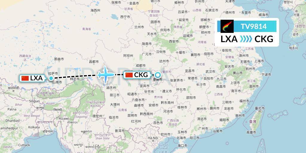 TV9814 Tibet Airlines Flight Map: Lhasa to Chongqing
