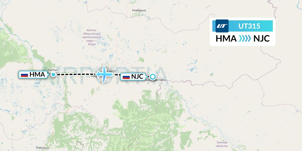 UT315 UTair Flight Map: Khanty-Mansiysk to Nizhnevartovsk