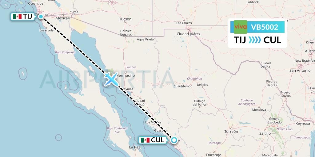 VB5002 VivaAerobus Flight Map: Tijuana to Culiacan