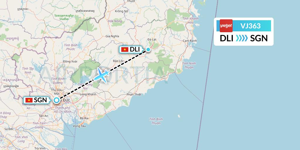 VJ363 VietJet Air Flight Map: Da Lat to Ho Chi Minh City
