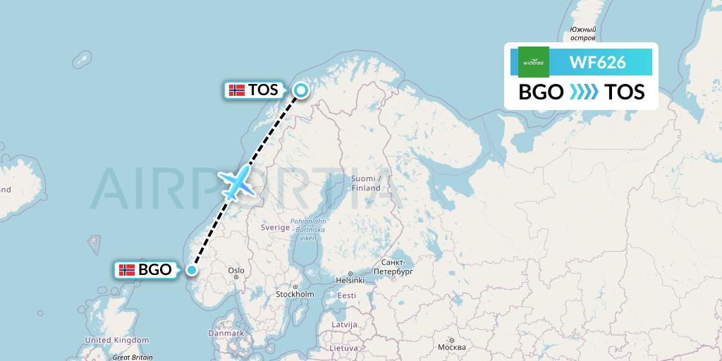 WF626 Wideroe Flight Map: Bergen to Tromso