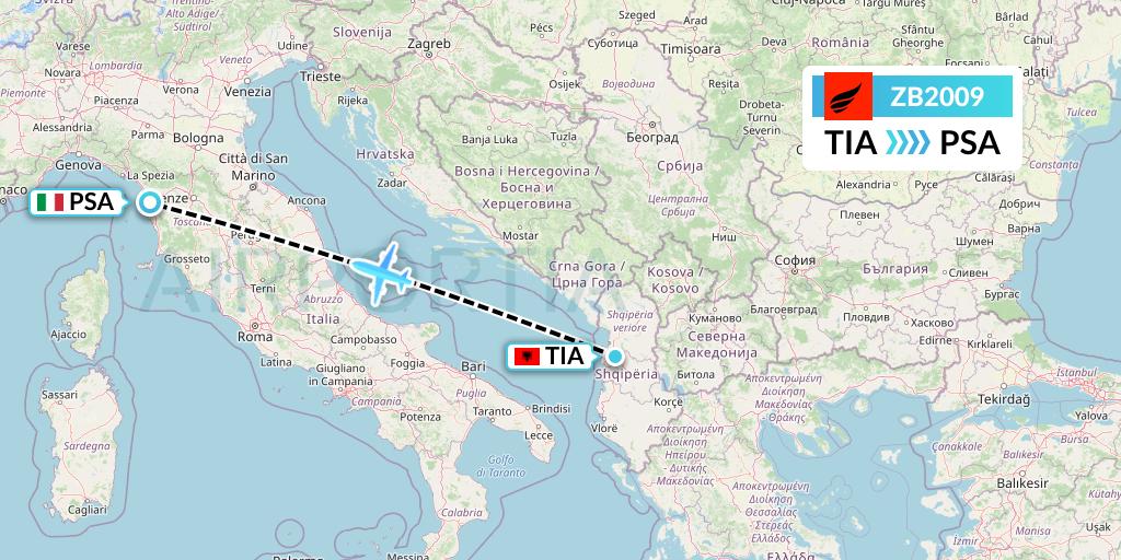 ZB2009 Air Albania Flight Map: Tirana to Pisa