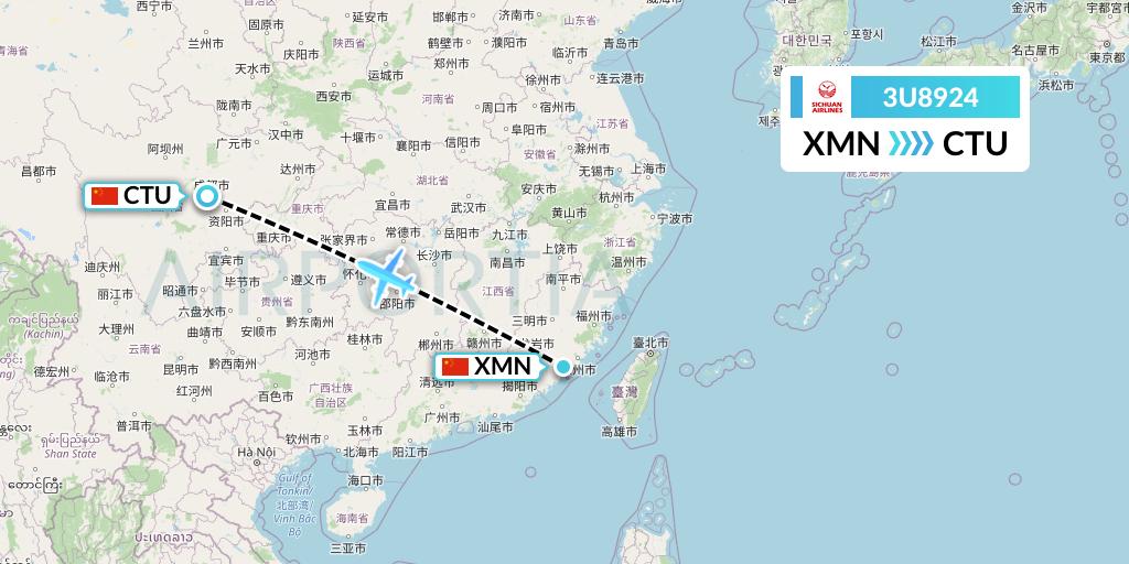 3U8924 Sichuan Airlines Flight Map: Xiamen to Chengdu