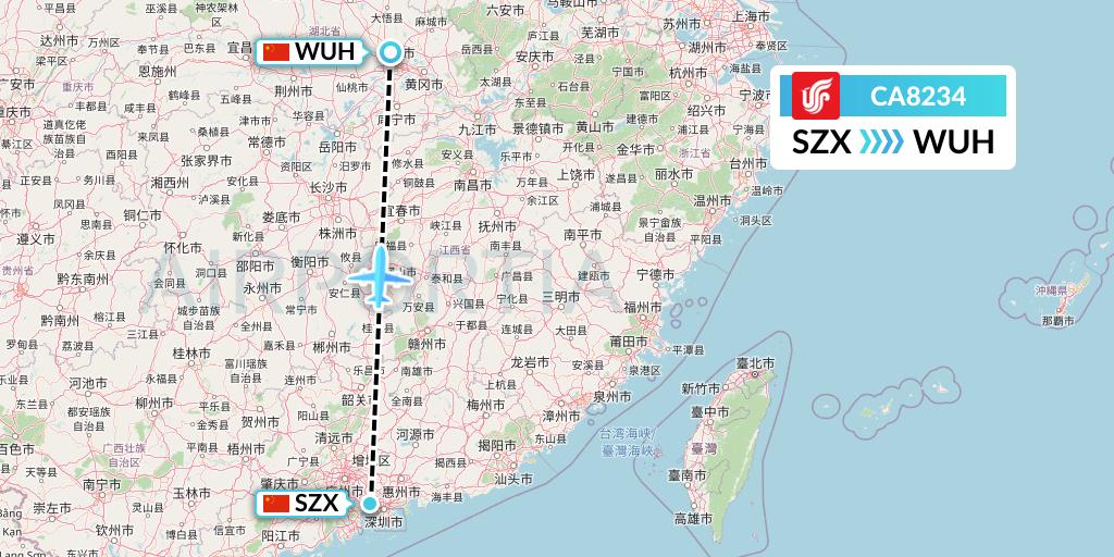 CA8234 Air China Flight Map: Shenzhen to Wuhan