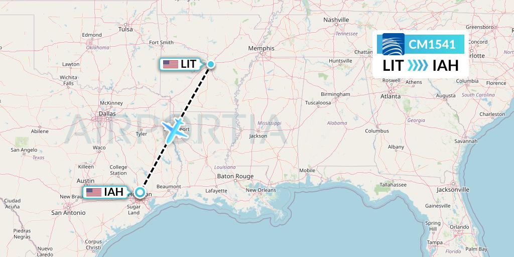 CM1541 Copa Airlines Flight Map: Little Rock to Houston