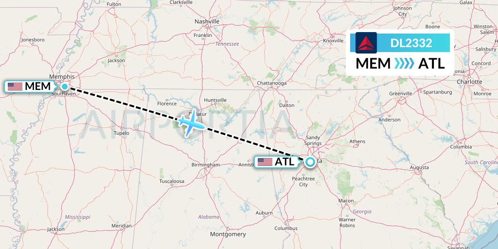 DL2332 Delta Air Lines Flight Map: Memphis to Atlanta